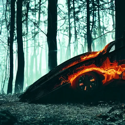 Image similar to cyberpunk car on fire in the middle of the woods at night fire fiery sci fi advance