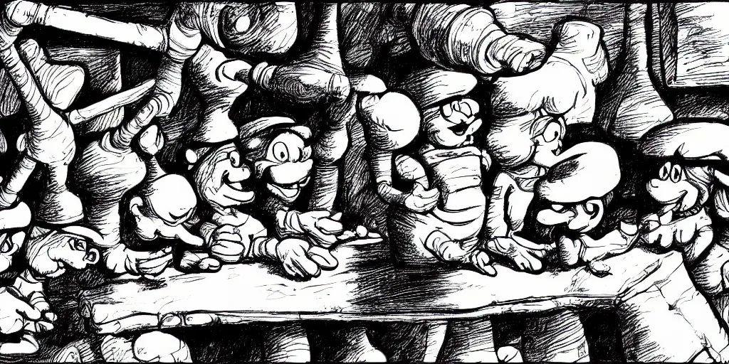 Image similar to high detailed color drawing of smurfs and long white bones black and white, tables, tools, leaking oil, line art, pen & ink drawing