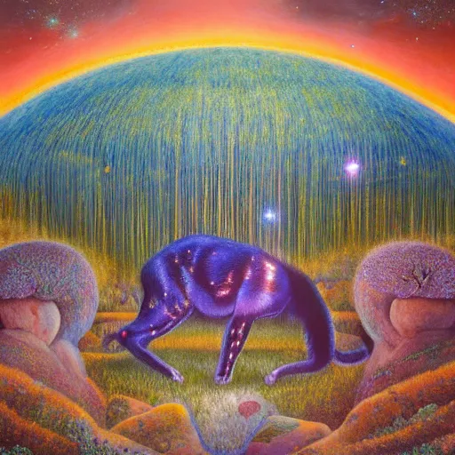 Image similar to psychedelic big cats hidden lush pine forest, outer space, milky way, designed by arnold bocklin, jules bastien - lepage, tarsila do amaral, wayne barlowe and gustave baumann, cheval michael, trending on artstation, star, sharp focus, colorful refracted sparkles and lines, soft light, 8 k 4 k