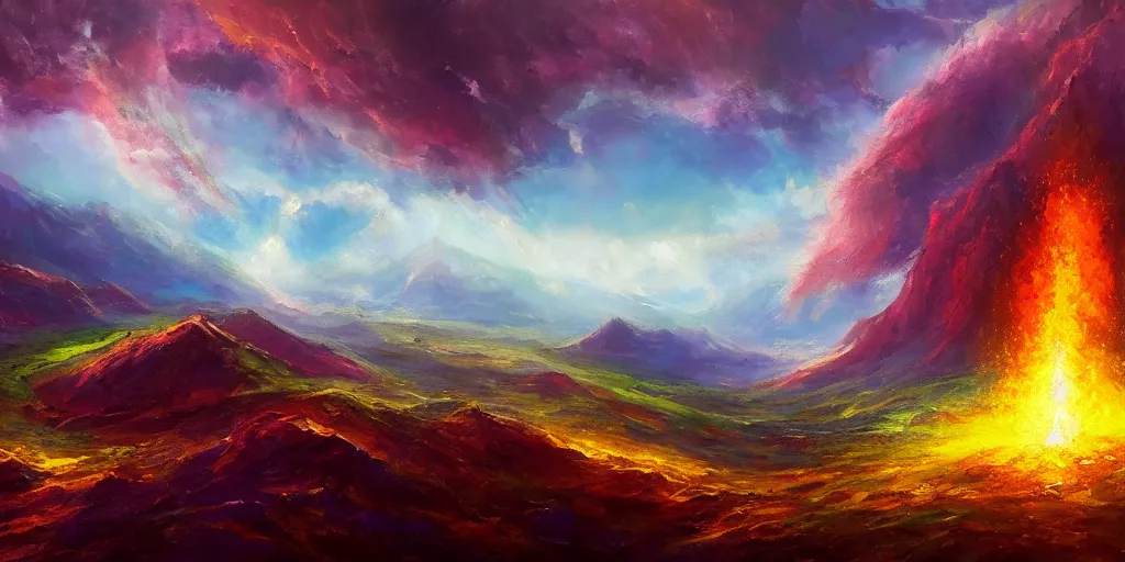 Image similar to magical explosion in a valley, fantasy, oil painting, concept art, 8 k