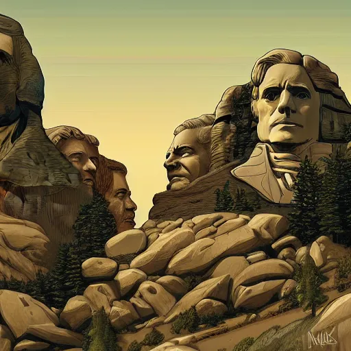 Prompt: artwork by Michael Whelan, Bob Larkin and Tomer Hanuka, painting of Mount Rushmore, simple illustration, domestic, nostalgic, clean, full of details, by Makoto Shinkai and thomas kinkade, Matte painting, trending on artstation and unreal engine