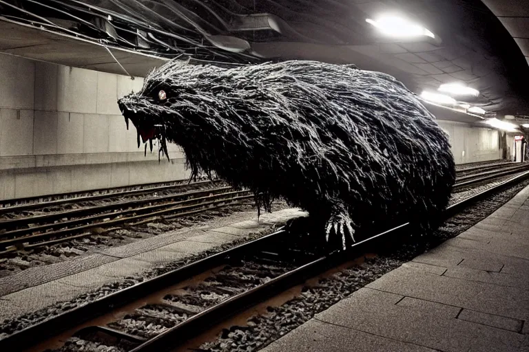 Image similar to very large giant mutant zombie irradiated ( angry rat ) staying on railways in tonnel of moscow subway. extreme high detail, very realistic. extreme long shot, low dark light, scary mood, anish kapoor.