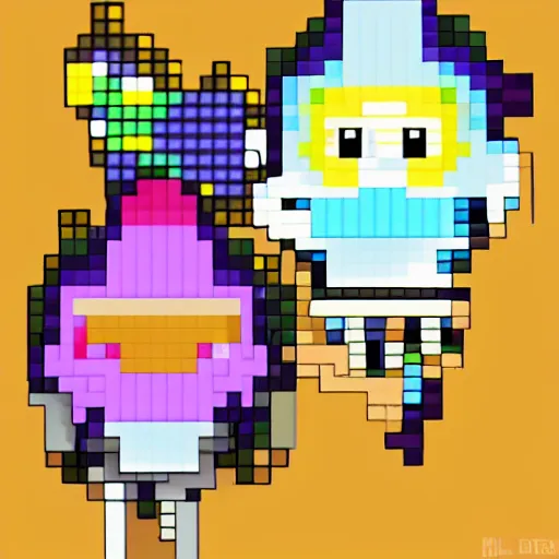 Prompt: colorful anime with big eyes eating ice cream pixel art