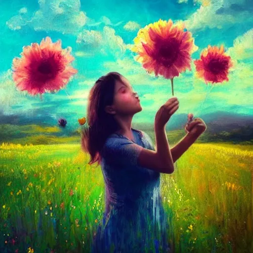 Prompt: girl with a flower for a head, surreal photography, dream, standing in flower field, magical, in a valley, sunrise dramatic light, impressionist painting, colorful clouds, artstation, simon stalenhag, flower face