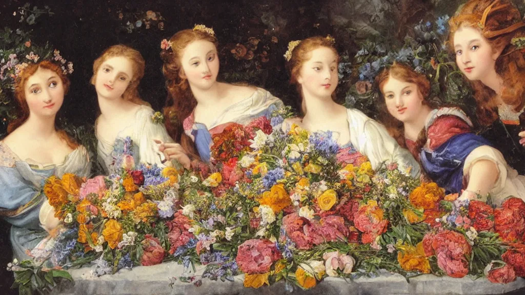 Image similar to A young guy's head is lying in a beautiful bouquet of flowers on a table, and his sisters are looking on, ancient fairy tale style