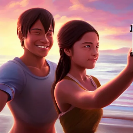 Image similar to beautiful serene intricate portrait of katara and toph taking a selfie, smiling softly, relaxing on the beach, golden hour, soft focus, 8 k, art by irakli nadar, hyperrealism, hyperdetailed, ultra realistic