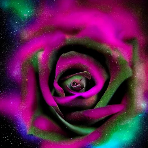 Image similar to award - winning macro of a beautiful black rose made of molten magma and colorful nebulae on black background by harold davis, georgia o'keeffe and harold feinstein, highly detailed, hyper - realistic, inner glow, trending on deviantart, artstation and flickr, nasa space photography, national geographic