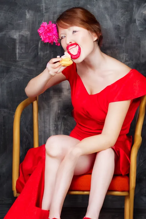 Image similar to photo, young woman eating ice cream, sitting on a chair, red dress, high heels, japanese kimono