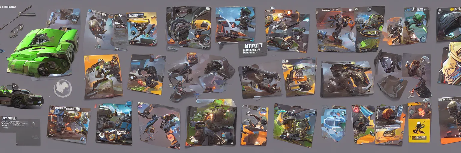 Image similar to car engine car parts concept art, cards, comic page, realistic fortnite, ui cards