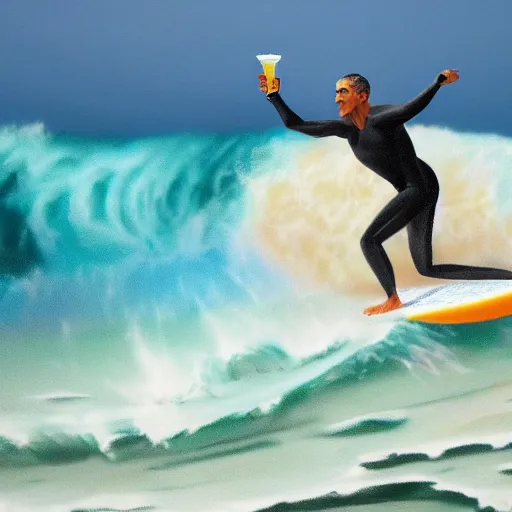 Image similar to barack obama surfing in rough surf holding a margarita, realistic, high detail, volumetric light, sharp focus, concept art, intricate details, highly detailed, 4 k