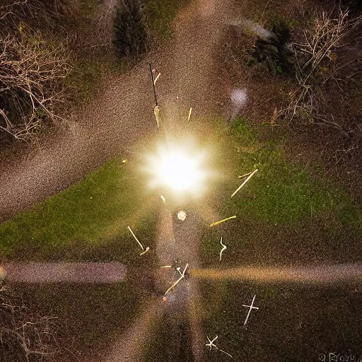 Prompt: shot from drone, real life, summoning, ritual, bright lights, witchcraft, by greg rutkowksi