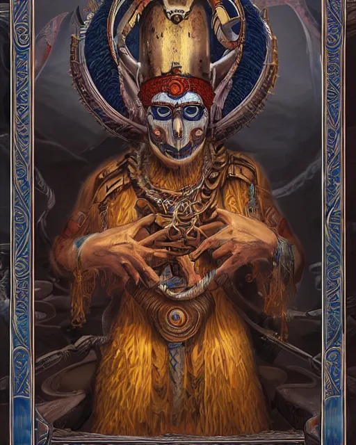 Image similar to digital painting of supay, incan god of death, by filipe pagliuso and justin gerard, symmetric, fantasy, highly detailed, realistic, intricate, sharp focus, tarot card