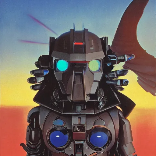 Prompt: dark gunpla droid kenku. neon goggle. anthropomorphic black bird beak. torso. raven beak helmet, science fiction, portrait by donato giancola and greg rutkowski and wayne barlow. oil on canvas. 1 9 7 8 cover. top all time r / imaginarycyberpunk.