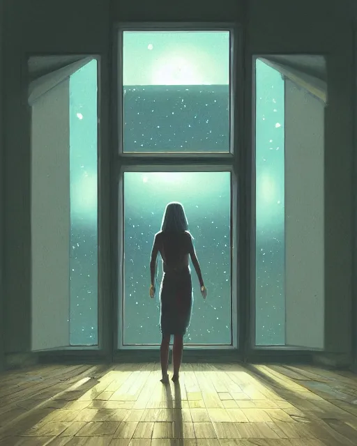 Prompt: beautiful painting of a a person standing on a wooden floor in front of a window, poster art by mor than, cgsociety, space art, sci - fi, cosmic horror, sense of awe, art by mike winkelmann, sky night, illustration, highly detailed, simple, smooth and clean vector curves, no jagged lines, vector art, smooth, artstation