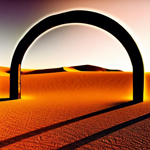 Prompt: A photo of the stargate in the dessert , Studio Lighting, High Detail, 4K, Title-Shift, Hyperrealism