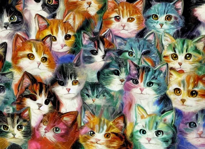 Prompt: A CROWD OF CALICO CATS vintage 90\'s anime mixed with pastel impasto highly rhythmic SO MANY CALICO CATS expressionistic wild anime pleasing palette INTERLOCKING CALICO CATS trending on artstation super fluffy funhouse surreal unpredictable wild SLINKING PACK OF CALICO CATS unexplainable fantasy land you could not have dreamed of TOO MANY CATS