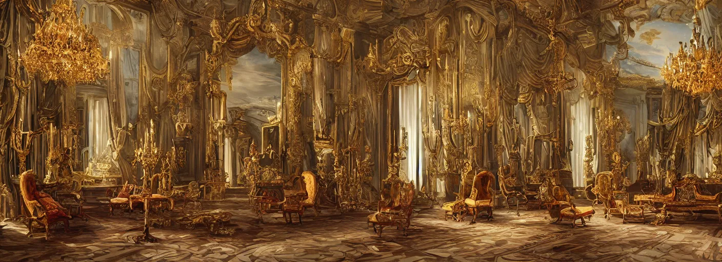 Image similar to 8 k highly detailed oil matte painting by charles landelle of an art gallery wall with many oil paintings, decadent throne room, ornate furniture, ornate french architecture, futuristic chandeliers