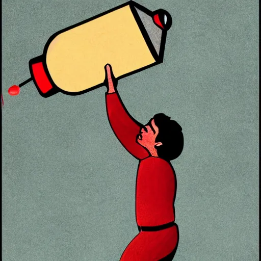 Image similar to artistic rendition of a man jumping in the while holding a bottle, very expressive