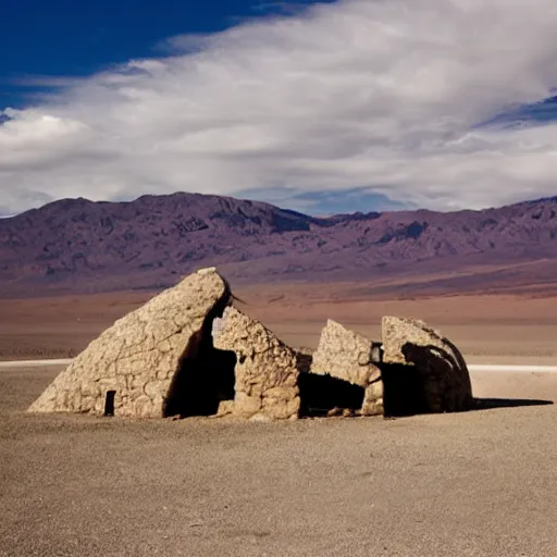 Prompt: megalithic spaceport ruins in death valley