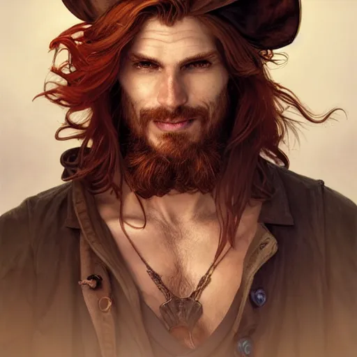 Prompt: portrait of a young ruggedly handsome but joyful pirate, male, masculine, upper body, red crimson hair, long hair, fantasy, devious smirk, intricate, elegant, highly detailed, digital painting, artstation, concept art, matte, sharp focus, illustration, art by artgerm and greg rutkowski and alphonse mucha
