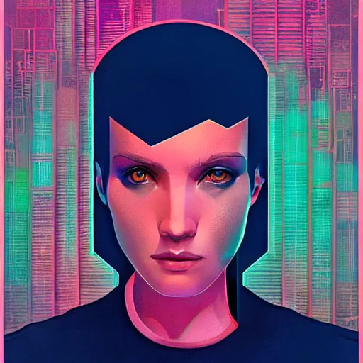 Image similar to portrait handsome androgynous sci - fi girl, blade runner 2 0 4 9, futuristic metropolis, digital art, pop art by hsiao - ron cheng and george tooker