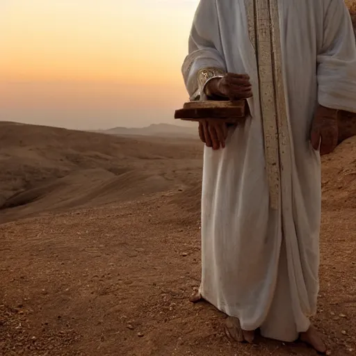 Prompt: award winning cinematic still portrait of 85 year old Mediterranean skinned man, short hair, in ancient Canaanite clothing crying holding a 22 year old Mediterranean skinned man, short hair, in ancient Canaanite clothing. Just before sunrise. Desert mountain background. sad, depressed, lonely, Biblical epic directed by Christopher Nolan