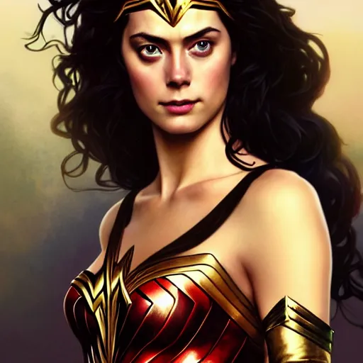 Image similar to Beautiful Kaya Scodelario as Wonder Woman, western, D&D, fantasy, intricate, elegant, highly detailed, digital painting, artstation, concept art, matte, sharp focus, illustration, art by Artgerm and Greg Rutkowski and Alphonse Mucha