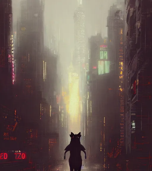 Image similar to new york city portrait of furry anthro anthropomorphic german shepard head animal person fursona wearing clothes strange cybernetic muzzle gloomy rainy cyberpunk 2077 digital art by Greg Rutkowski, Simon Stalenhag, christopher nolan trending on Artstation, CGSociety