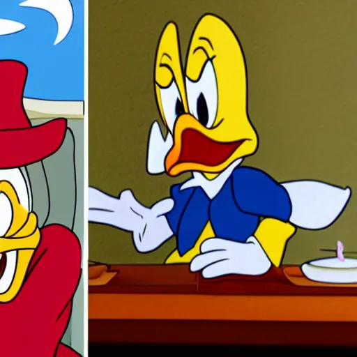 Image similar to Donald Duck invites Scrooge McDuck to dine in a very fancy restaurant