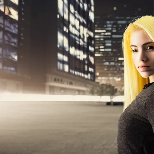 Image similar to a beautiful young cyberpunk woman with blonde hair in front of a building, studio lighting, 8 k, highly detailed, rule of thirds