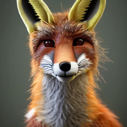 Image similar to portrait of a realistic fox fursuiter at a furry convention, indoors, realisitc photo