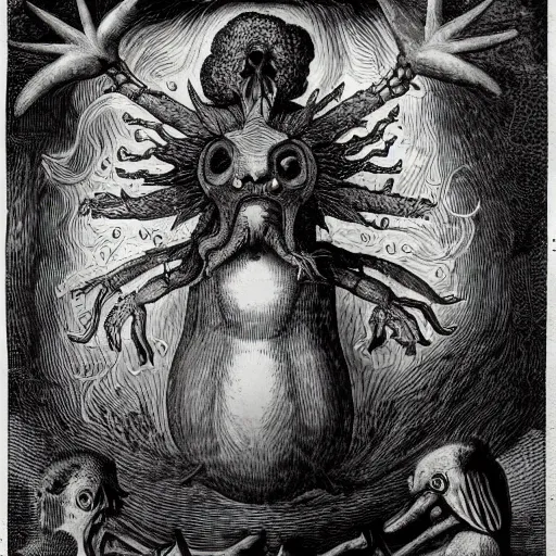 Image similar to whimsical freaky creature sings a unique canto about \'as above so below\' being ignited by the spirit of Haeckel and Robert Fludd, breakthrough is iminent, glory be to the magic within