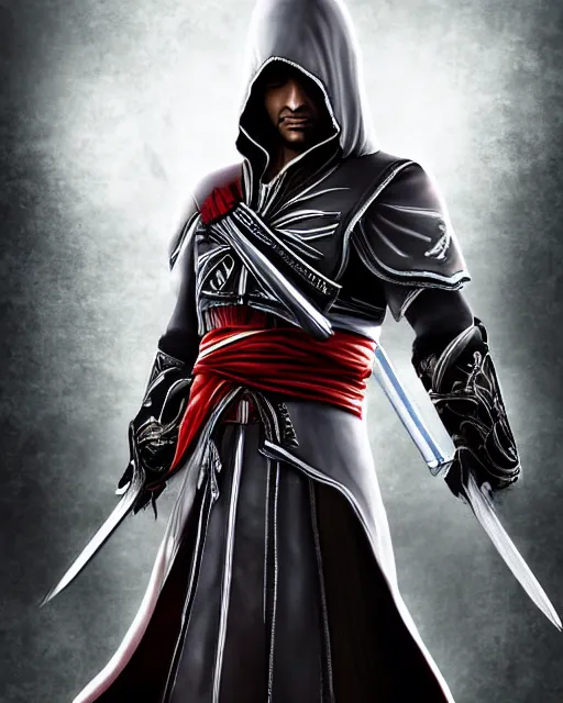 Image similar to Digital state-sponsored anime art of Ezio Auditore by A-1 studios, serious expression, empty warehouse background, highly detailed, spotlight