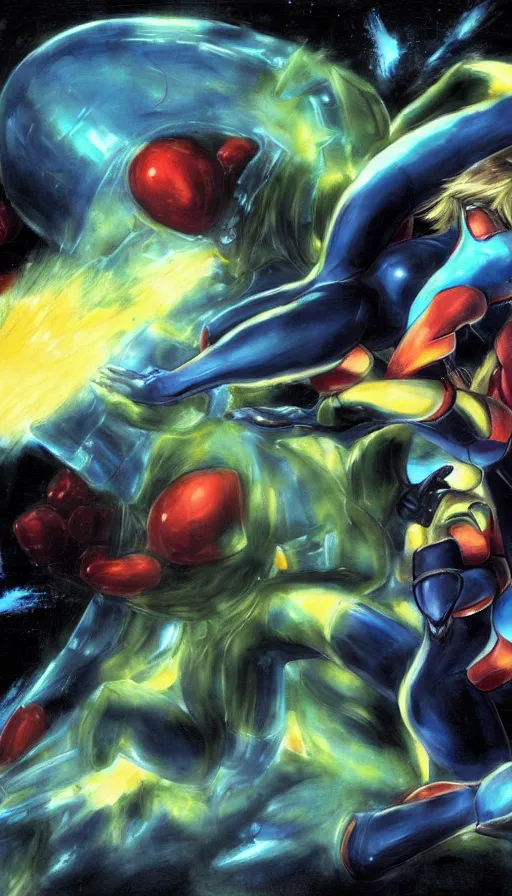 Image similar to portrait! of zero suit samus devouring!! her metroid son!! by francisco!! goya!!, wall mural, 4 k, high quality