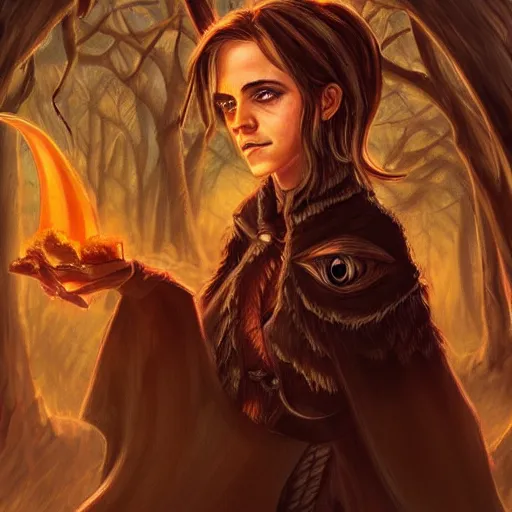 Prompt: emma watson as a goblin, dark forest, dnd art, fantasy art