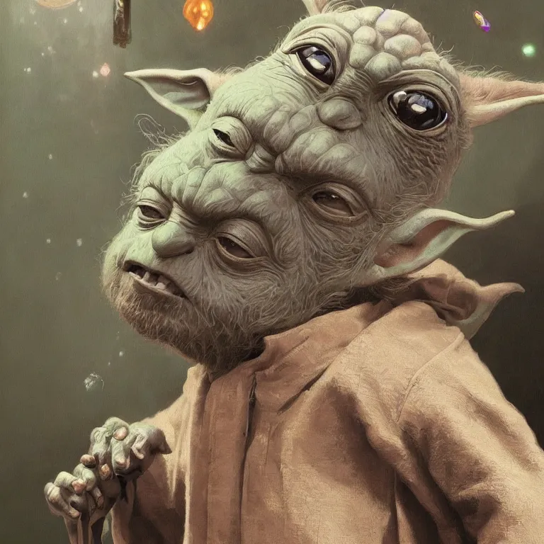Image similar to fine art painting of Yoda on a bad drug trip, drugs and alcohol littered everywhere, dizzy, trippy, artstation, cgsociety, very detailed, intricate, detailed illustration, by artgerm and greg rutkowski and alphonse mucha, sharp, smooth, masterpiece
