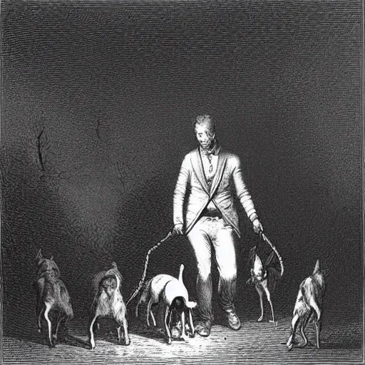 Image similar to a gentleman leading wild dogs on a leash, creepy, chiaroscuro, dark night, illustration by Gustave Doré,