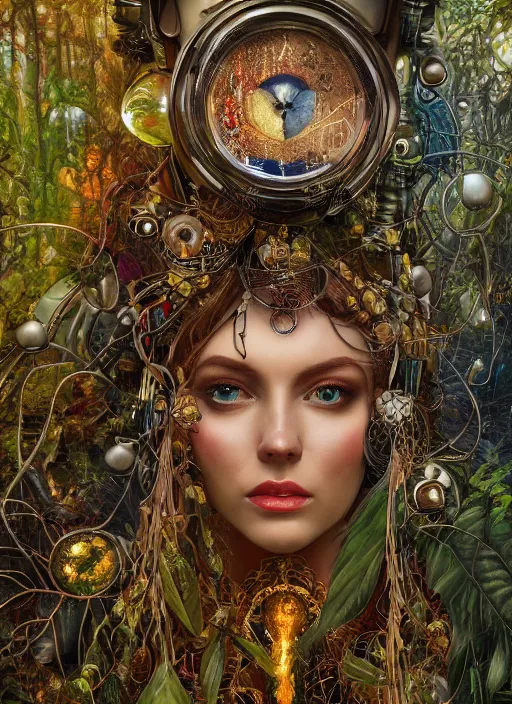 Prompt: oil painting of android woman covered by plants and crystals in the mystical forest, beautiful symmetrical face, renaissance style, wires and cords, golden steampunk, retro futurism, sci - fi, filigree jewellery, baroque, cinematic light, mystical shadows, 8 k