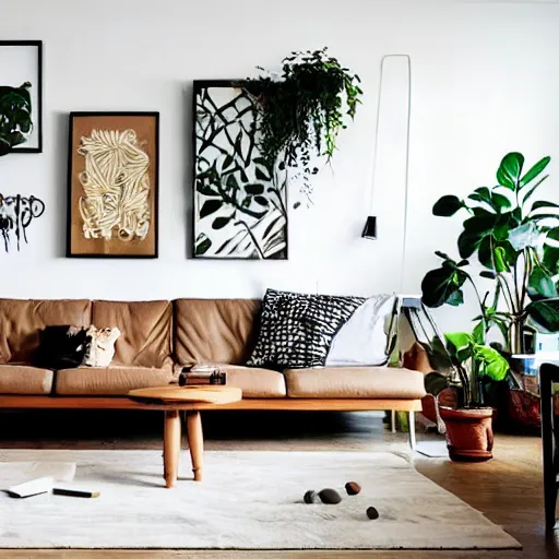 Image similar to living room interior design with style of japandi, light, ikea, warm wood, urban jungle plants, functional, music, art wall, music instruments, music records