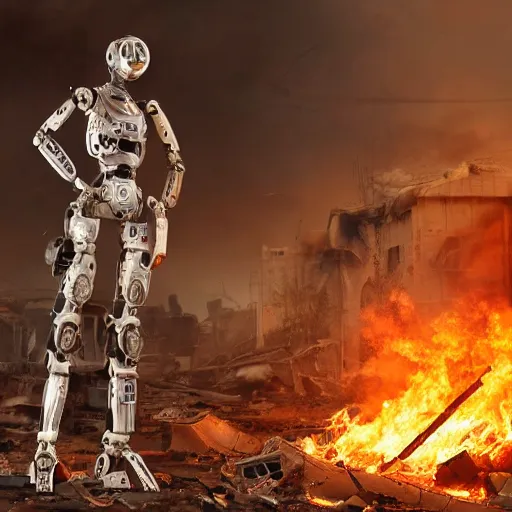 Image similar to a female humanoid robot in a destroyed warzone, damaged armor, vfx, fire, warzone, flames, scrap metal, dirty, dinged, scratched, damaged, complex lighting, trending on artstation, VFX, movie, nvidia, detailed, lighting, shadows