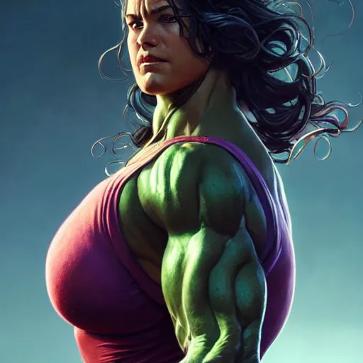 Prompt: real woman hulk, ultra realistic, concept art, intricate details, highly detailed, photorealistic, octane render, 8 k, unreal engine. art by artgerm and greg rutkowski and alphonse mucha