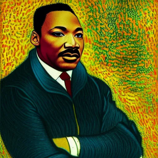 Prompt: an artistic portrait of martin luther king, smiling, high quality, studio photography, colorful, hero, heroic, beautiful, in the style of vincent van gogh