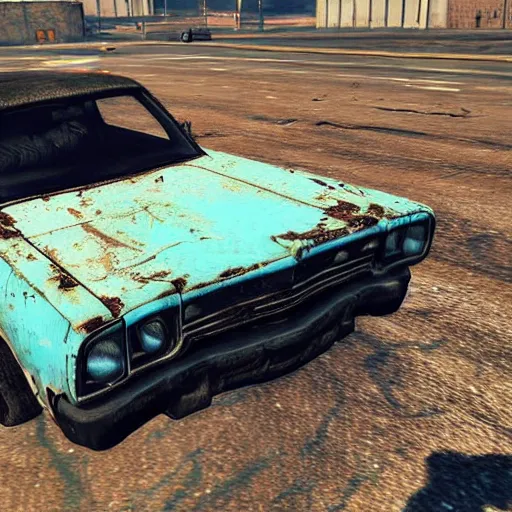 Image similar to A screenshot of a rusty, worn out, broken down, decrepit, run down, dingy, faded, chipped paint, tattered, beater 1976 Denim Blue Dodge Aspen in GTA V--steps 150