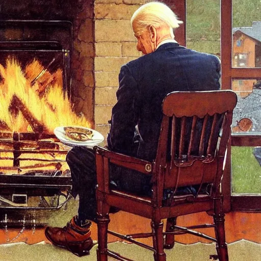 Image similar to eye level portrait painting by Norman Rockwell of Joe Biden sitting in a chair. Cozy fire. Legs apart