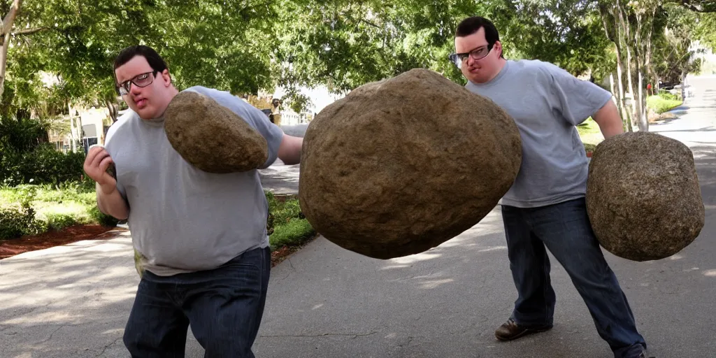 Prompt: Rocco Botte pushing a giant Boulder down a suburban street, natural lighting, 2008