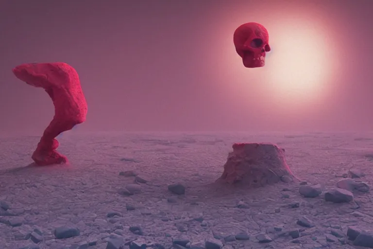 Prompt: a hovering red skull, surreal frozen landscape, 8 k, cinematic lighting, by beeple and zdzisław beksinski