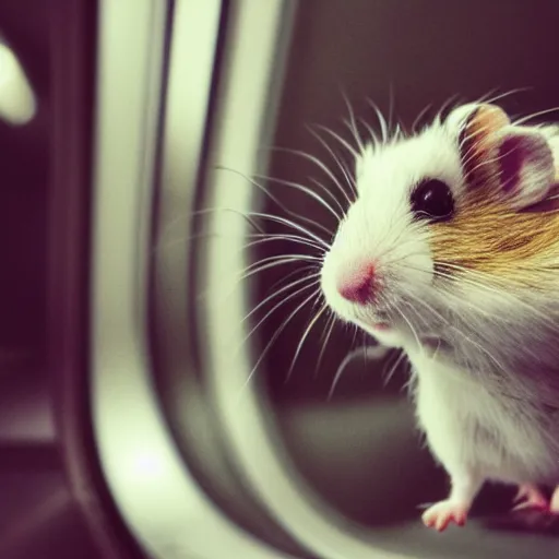 Prompt: photo of a metro train interior, a tiny hamster is sitting on a seat, various poses, unedited, soft light, sharp focus, 8 k