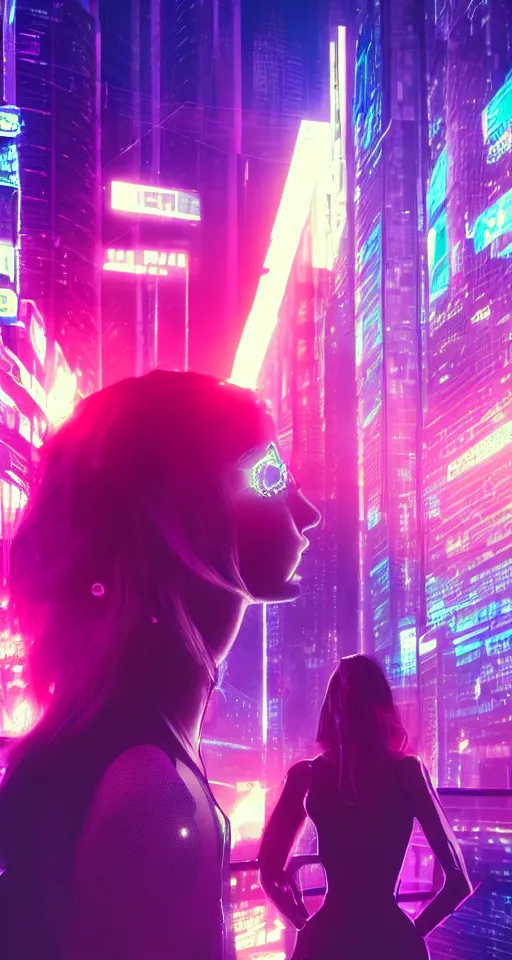 Image similar to cyberpunk women, city, neon lights, glow, sunset, atmospheric, cinematic, retrowave style,