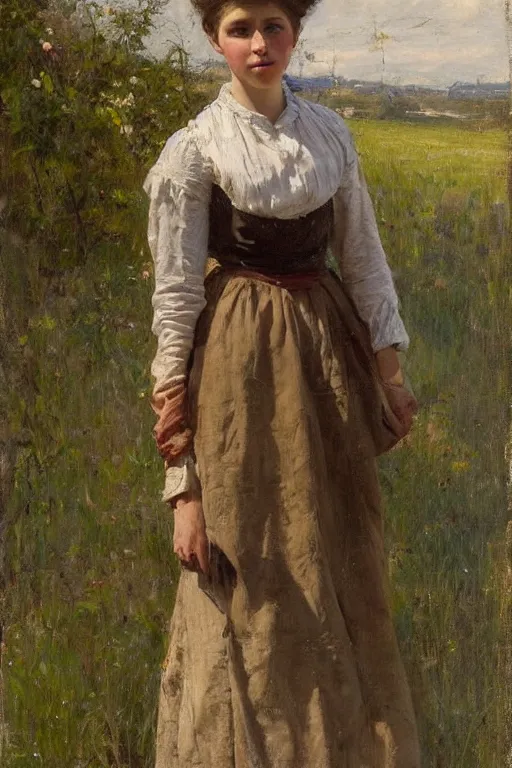 Image similar to Richard Schmid and Jeremy Lipking and Jonathan Pratt full length portrait painting of a young beautiful traditonal victorian peasant woman