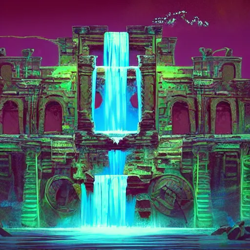 Image similar to neon ancient ruins with waterfalls,digital art,retrowave art,trending on art station